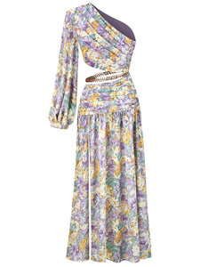 Floarl Print One Shoulder Hollow High Slit Maxi Dress