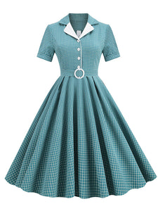 Green Plaid Turn Down Collar Short Sleeves 1950S Vintage Shirt Dress