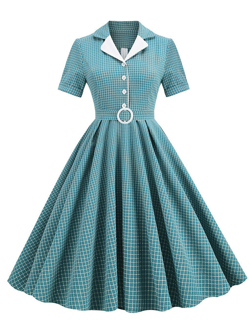 Green Plaid Turn Down Collar Short Sleeves 1950S Vintage Shirt Dress