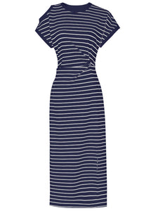 Striped Crew Neck Slit Casual Sexy Bodycon Dress