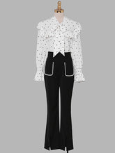 Load image into Gallery viewer, 2PS White V Neck Ruffles Long Sleeve Top With High Waist Wide Leg Pants Suit