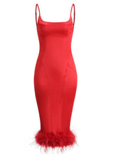 Load image into Gallery viewer, Purple Spaghetti Strap Satin Feather Hem Bodycon Dress Sexy Gown Party Dress