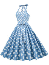 Load image into Gallery viewer, Blue And White Polka Dots Vintage Halter 1950S Dress With Belt