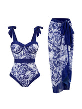 Load image into Gallery viewer, Animal Floral Print Strap One Piece With Bathing Suit Wrap Skirt