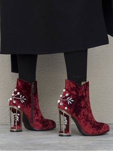 9CM Luxury Pearls And Diamonds Flowers Chunky High Heel Bootie Vintage Shoes
