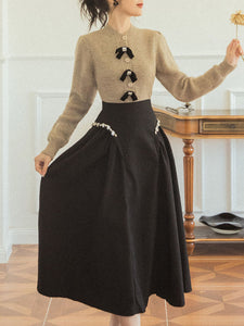 2PS Bowknot Sweater And Pleats With Glass Diamond Swing Skirt 1950S Hepburn Style Outfits