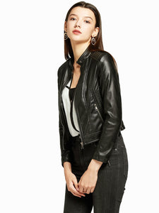 Women‘s Pu Leather Jacket Stand Collar Long Sleeve Coat