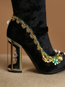10CM Luxury Velvet Chunky High Heel Bootie Vintage Shoes