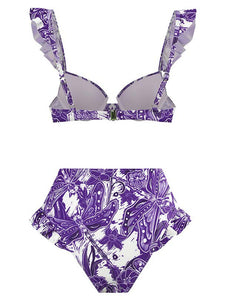 Floral Print Retro Style Strap Bikini Two Piece With Bathing Suit Wrap Skirt