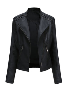 Women‘s Leather Jacket Weave Long Sleeve Winter Coat