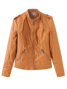 Brown Long Sleeve PU Leather Soft Jacket For Women