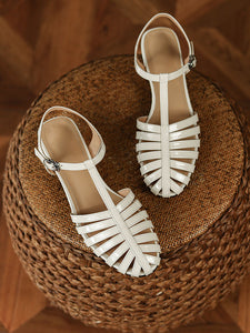 Women's Flats Sandals Pointed Toe Hollow Belt Leather Vintage Shoes