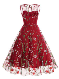 Wine Red Semi Mesh Flower Embroidered Sleeveless 50S Swing Dress