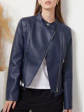 Load image into Gallery viewer, Navy Long Sleeve PU Leather Motorcycle Jacket