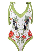 Load image into Gallery viewer, Floral Print Retro Style V Neck One Piece With Bathing Suit Wrap Skirt