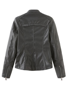 Women‘s Pu Leather Jacket Stand Collar Long Sleeve Coat