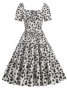 Square Neck Daisy Print Retro 1950S Dress