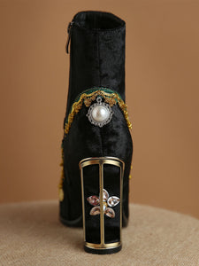 10CM Luxury Velvet Chunky High Heel Bootie Vintage Shoes