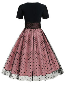 Black Crew Neck Polka Dots Embroidered Short Sleeve 50S Swing Dress