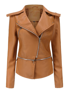 Cool Girl Coat Long Sleeve PU Leather Motorcycle Jacket With Detachable Hem