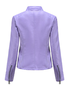 Pink Long Sleeve PU Leather Motorcycle Jacket For Women