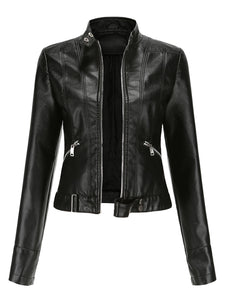 Crop Coat Long Sleeve PU Leather Motorcycle Jacket