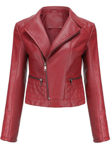 Crop Coat Long Sleeve PU Leather Motorcycle Jacket For Women