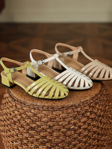 Women's Flats Sandals Pointed Toe Hollow Belt Leather Vintage Shoes