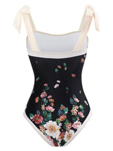 Load image into Gallery viewer, Black Floral Print Flower Strap One Piece With Bathing Suit Wrap Skirt