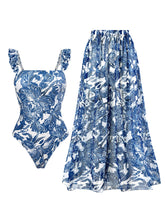 Load image into Gallery viewer, Floral Print Retro Style Strap One Piece With Bathing Suit Wrap Skirt