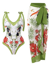 Load image into Gallery viewer, Floral Print Retro Style V Neck One Piece With Bathing Suit Wrap Skirt