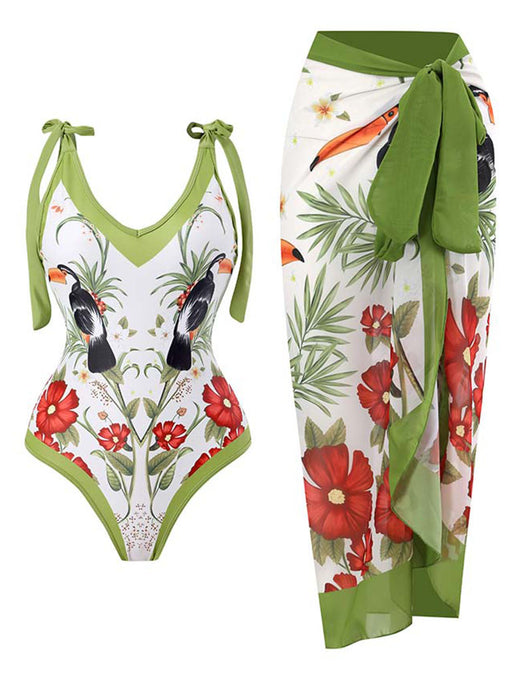 Floral Print Retro Style V Neck One Piece With Bathing Suit Wrap Skirt