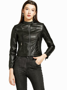 Women‘s Pu Leather Jacket Stand Collar Long Sleeve Coat