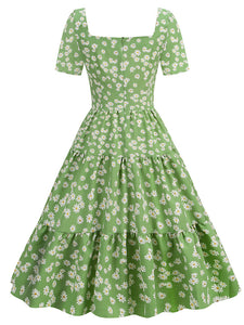 Square Neck Daisy Print Retro 1950S Dress