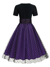 Load image into Gallery viewer, Black Crew Neck Polka Dots Embroidered Short Sleeve 50S Swing Dress