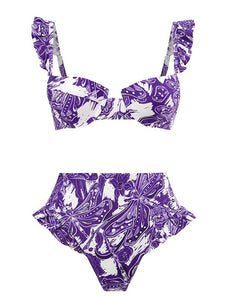 Floral Print Retro Style Strap Bikini Two Piece With Bathing Suit Wrap Skirt