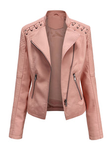 Women‘s Leather Jacket Weave Long Sleeve Winter Coat