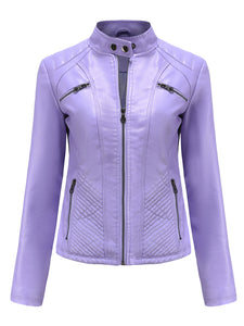 Pink Long Sleeve PU Leather Motorcycle Jacket For Women