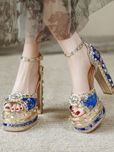 Load image into Gallery viewer, 14CM Platform Luxury Flower Chunky Heels Sandals Retro Shoes