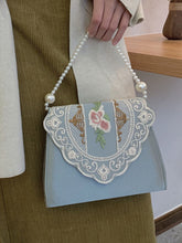 Load image into Gallery viewer, 1950S Blue Embroidered Rose Vintage Pearl Handbag Satin Banquet Bag