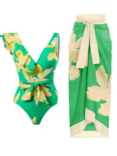 Load image into Gallery viewer, Blue Floral Print Ruffles Strap One Piece With Bathing Suit Wrap Skirt