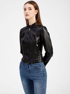 Cool Girl Coat Long Sleeve PU Leather Motorcycle Jacket