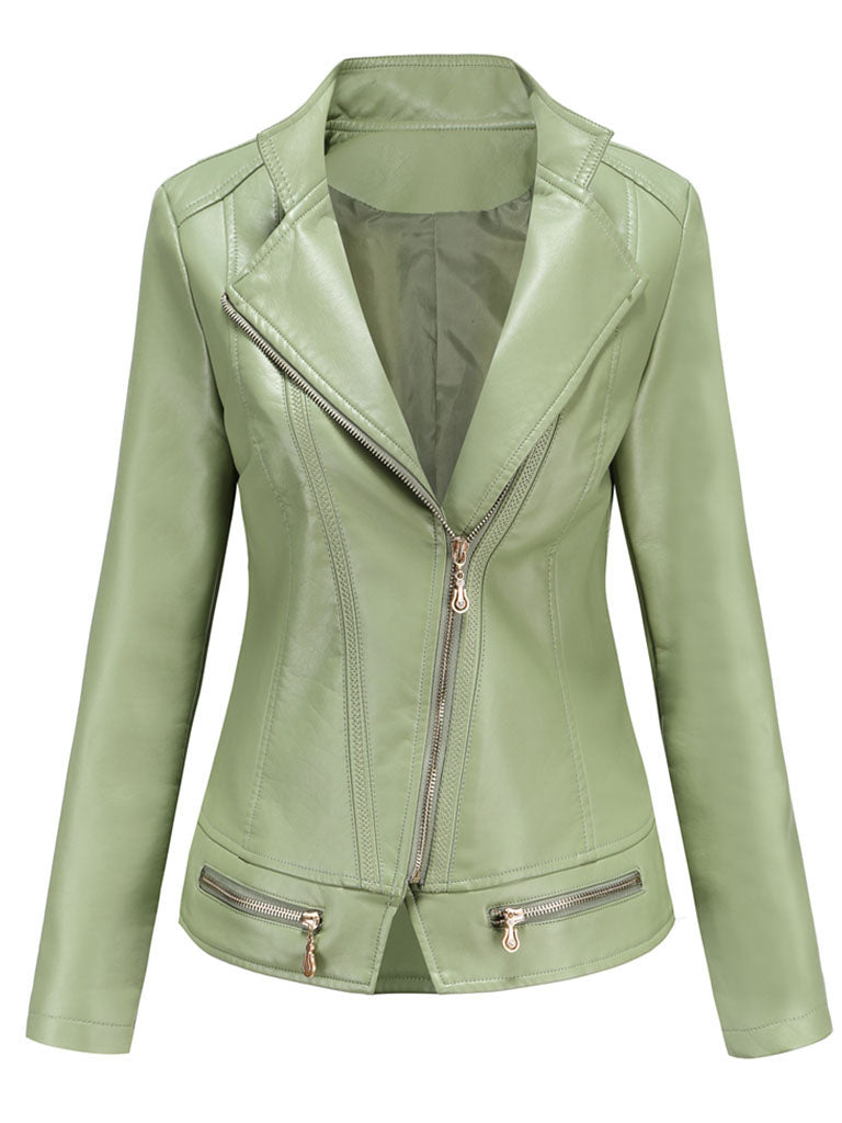 Light Green Long Sleeve PU Leather Motorcycle Jacket For Women