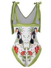Load image into Gallery viewer, Floral Print Retro Style V Neck One Piece With Bathing Suit Wrap Skirt