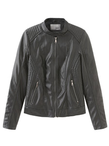 Women‘s Pu Leather Jacket Stand Collar Long Sleeve Coat