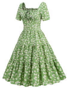 Square Neck Daisy Print Retro 1950S Dress