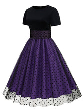 Load image into Gallery viewer, Black Crew Neck Polka Dots Embroidered Short Sleeve 50S Swing Dress