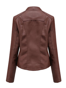 Women‘s Leather Jacket Weave Long Sleeve Winter Coat