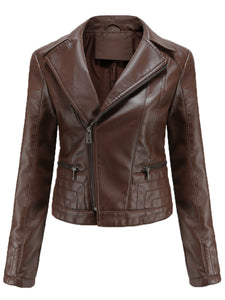 Crop Coat Long Sleeve PU Leather Motorcycle Jacket For Women
