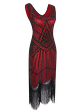 Load image into Gallery viewer, Black Gold 1920s V Neck Sequined Flapper Dress